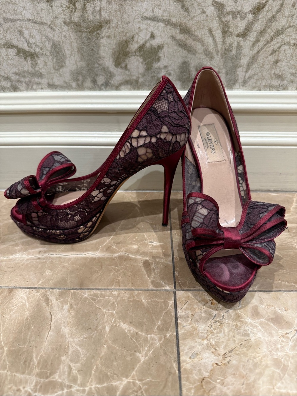 Valentino Burgundy and Black Lace Peep-Toe Bow Pumps - Picture 2 of 8